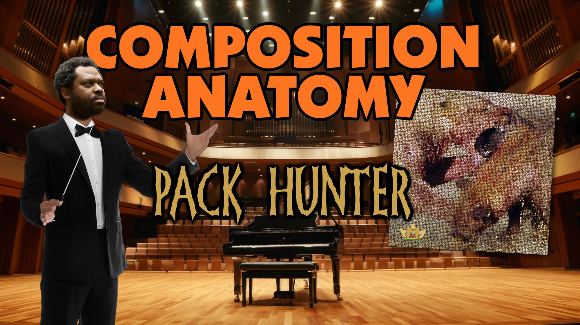 Composite image with my head superimposed on an orchestra conductors body, standing on a stage. Cover art for the song "Pack Hunter" is on the right side of the image. Text: Composition Anat