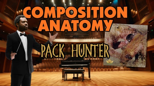 Composite image with my head superimposed on an orchestra conductors body, standing on a stage. Cover art for the song "Pack Hunter" is on the right side of the image. Text: Composition Anat